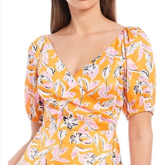 NWT Sachin Babi AVA Orange Pink Floral Ruffle Midi Wrap Dress Puff Sleeve - Picture 4 of 10